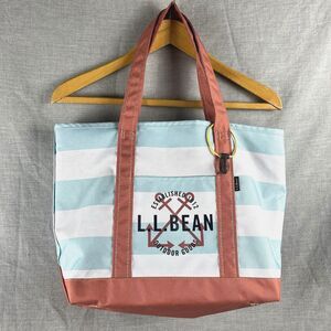 LL Bean Boat Tote Bag Polyester Nautical Stripe Zippered Pink Aqua Anchors Rare